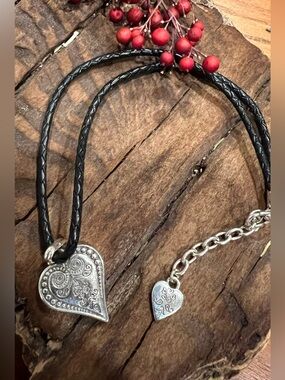 Brighton Black Leather Cord Heart Necklace Scroll Paisley .999 Silver Plated